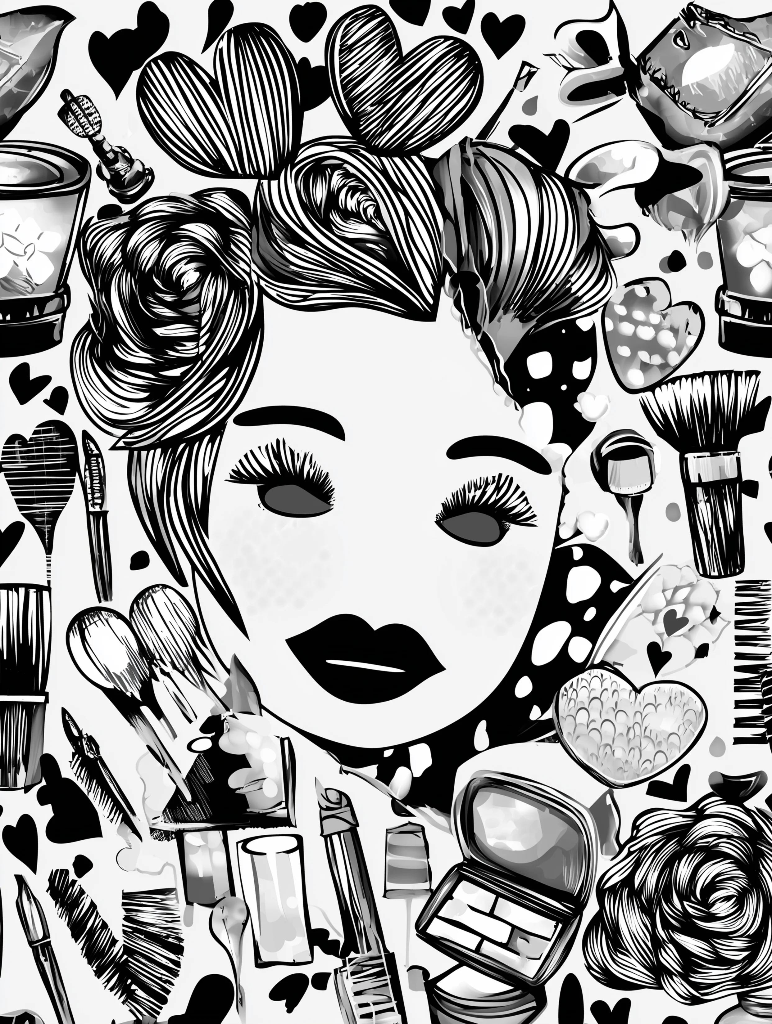 Free printable makeup coloring page for adults featuring hearts in the hair and makeup